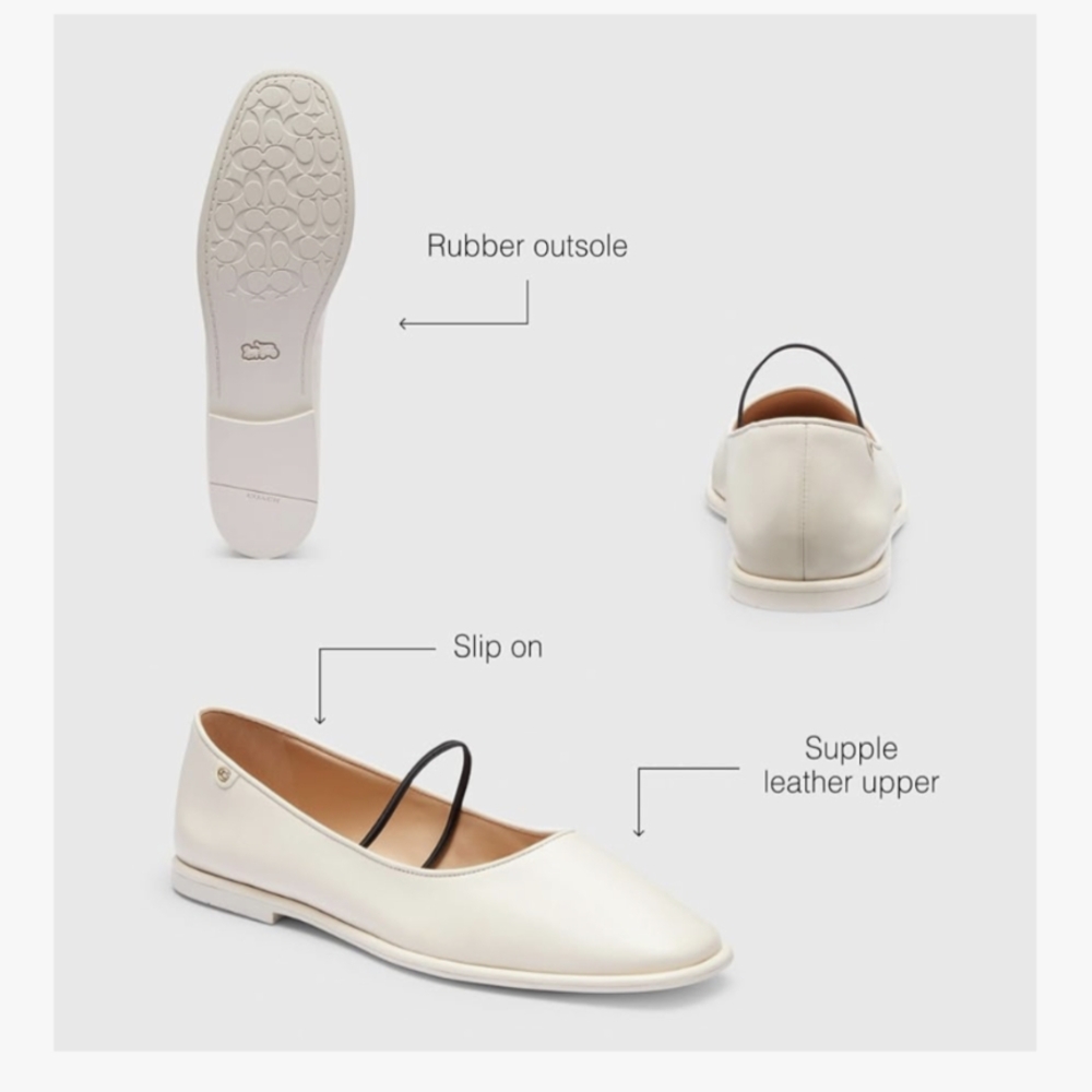 Coach Cream Leather Ballet Flat with Black Strap - Picture 3 of 8